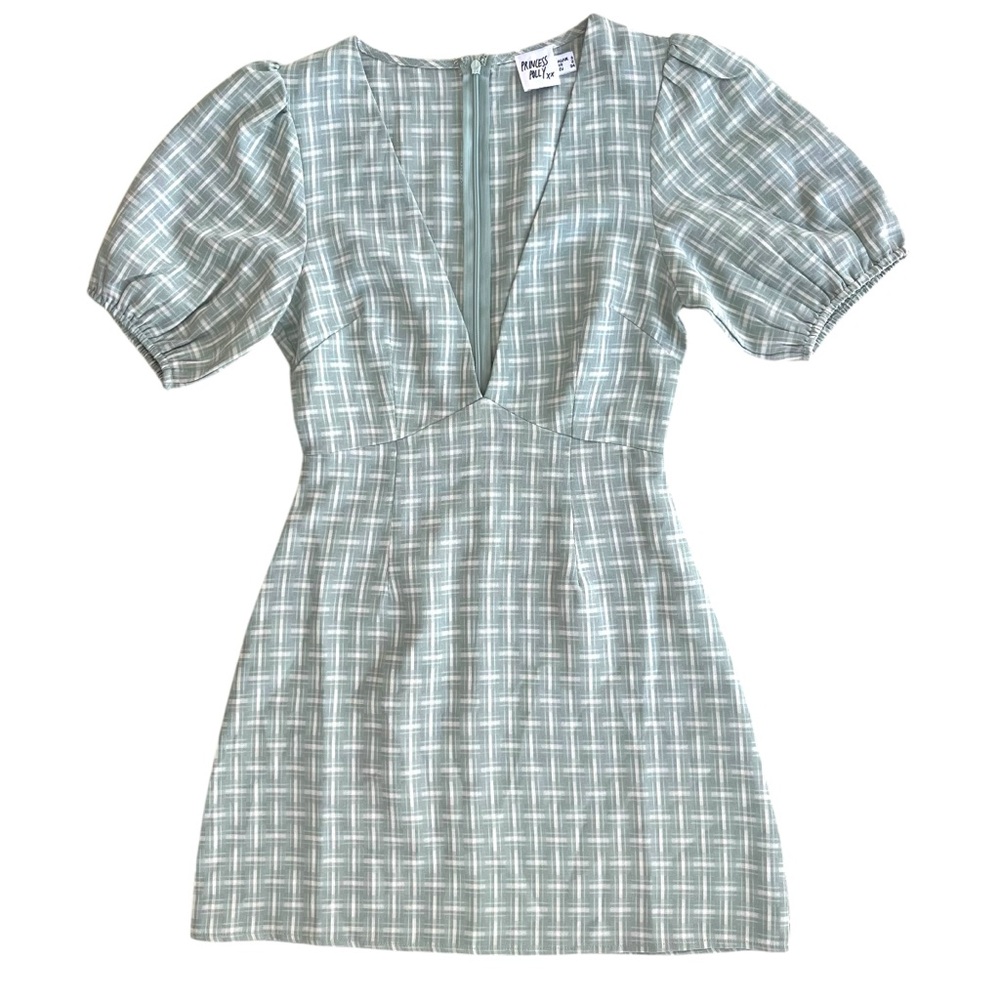 Princess Polly Women’s 2 Green Plaid Plunge Neck Short Sl Skylar Rose Mini Dress